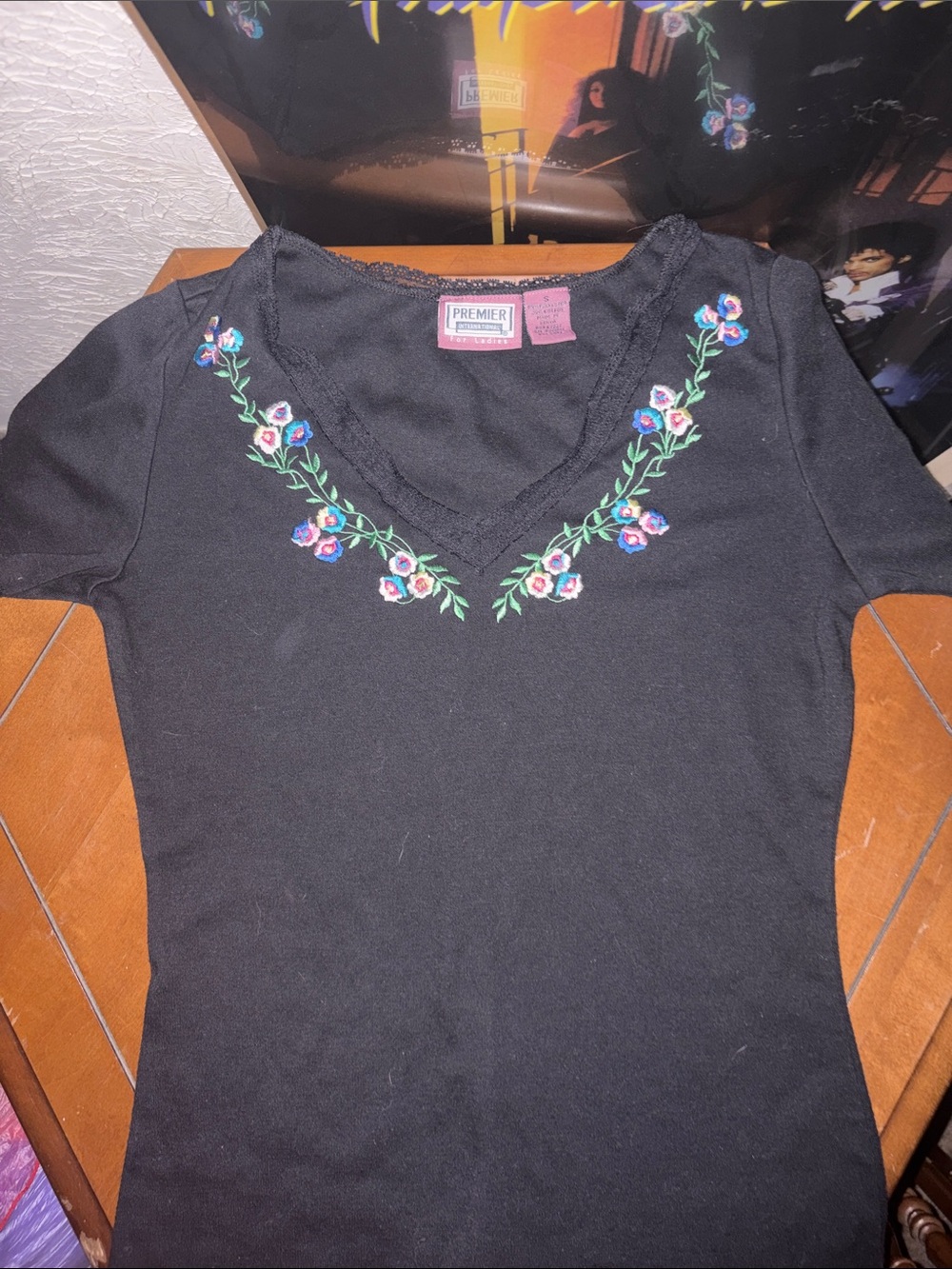 Premier Black V-Neck Short Sleeve Top with Floral Embroidery
